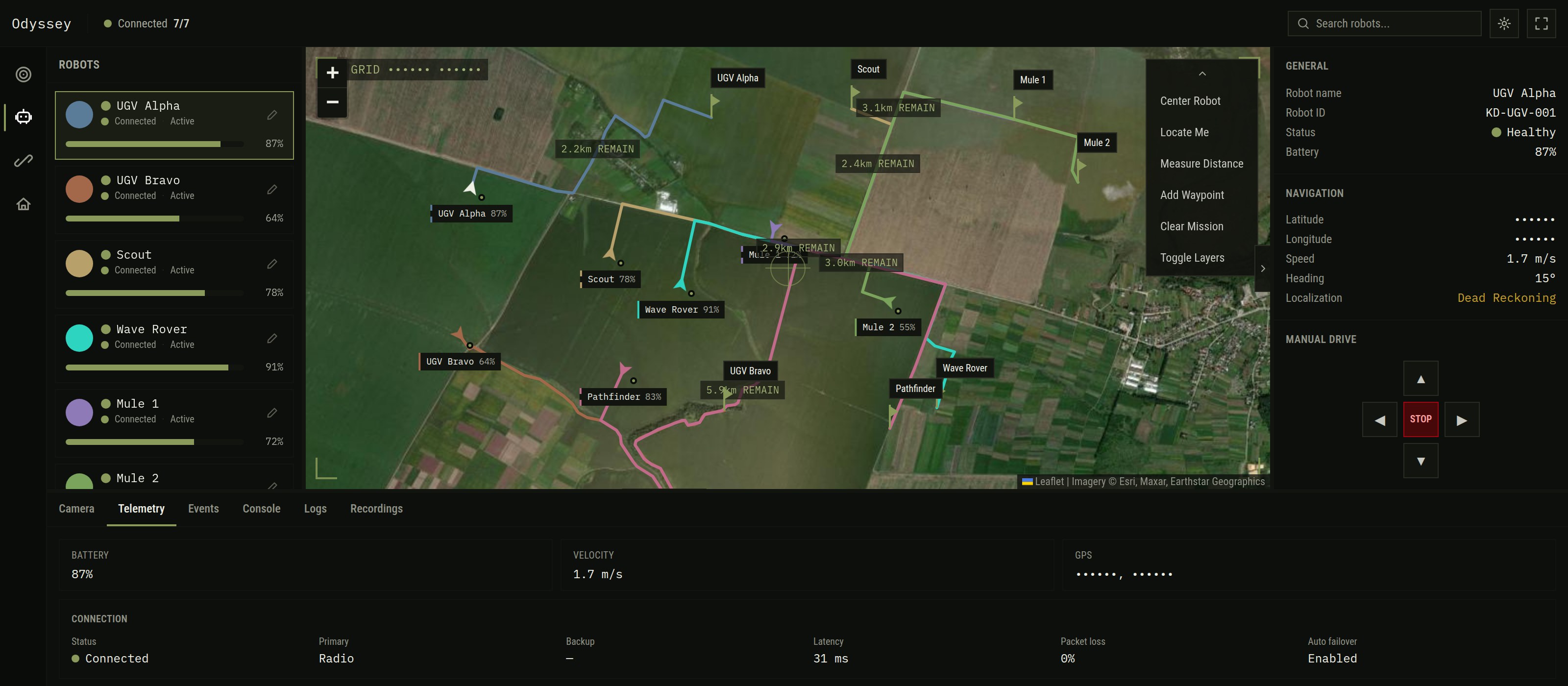 The Odyssey app: seven robots on missions kilometres apart, each on a route the app planned along real tracks